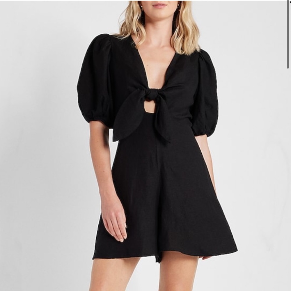 EXPRESS BLACK LINEN BLEND PUFF SLEEVE ROMPER